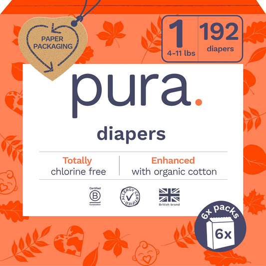 Pura Hypoallergenic Diapers, Size 1 (4-11 Lbs), Monthly Pack, Totally Chlorine Free, Wetness Indicator, Suitable for Sensitive Skin, Soft Cotton Comfort, Overnight, 6 Packs of 32 (192 Baby Diapers)