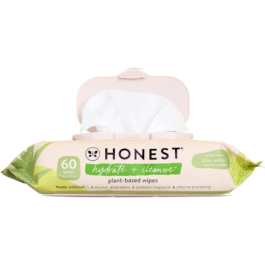 The Honest Company Hydrate and Cleanse Naturally Scented Wipes, plant based hypoallergenic cleansing wipes, 60 count.