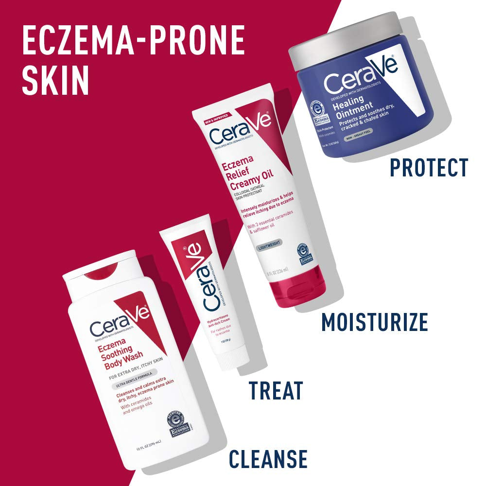 CeraVe Eczema Relief Creamy Body Oil, eczema relief body oil, for eczema-prone skin alongside other CeraVe products.