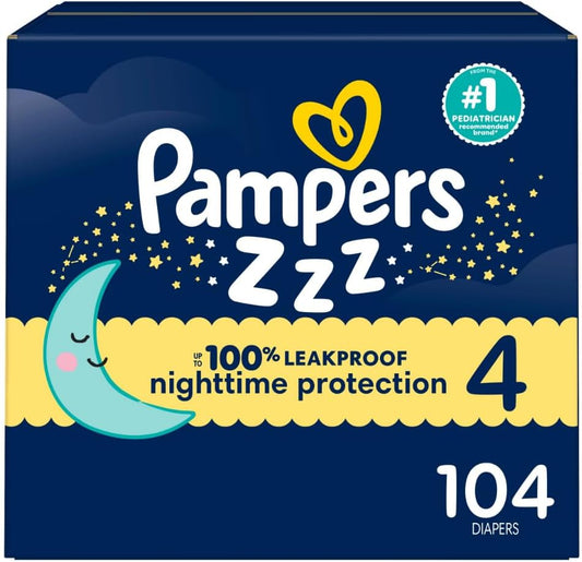 Pampers ZZZ Overnight Diapers, Size 4 (22-37 Lbs), 104 Count, Nighttime Protection Disposable Baby Diaper, Night Time Leak and Skin Protection