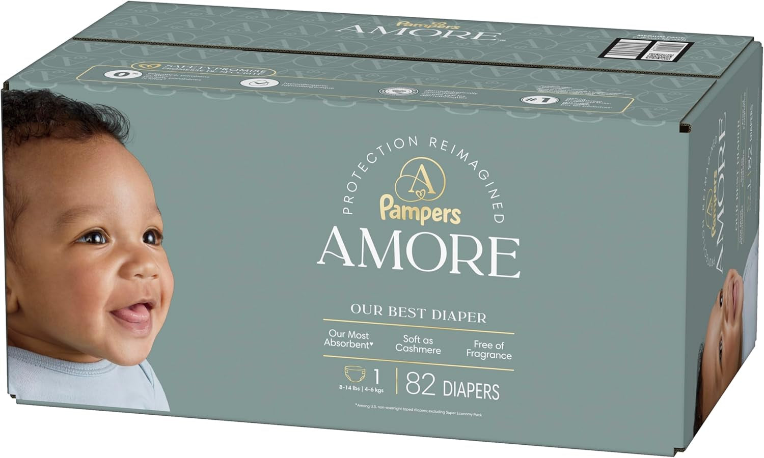 Pampers Amore, Size 1 (8-14 Lbs), 82 Count, Our Best Diaper – Hypoallergenic & Fragrance Free, up to 100% Leakproof, Soft as Cashmere
