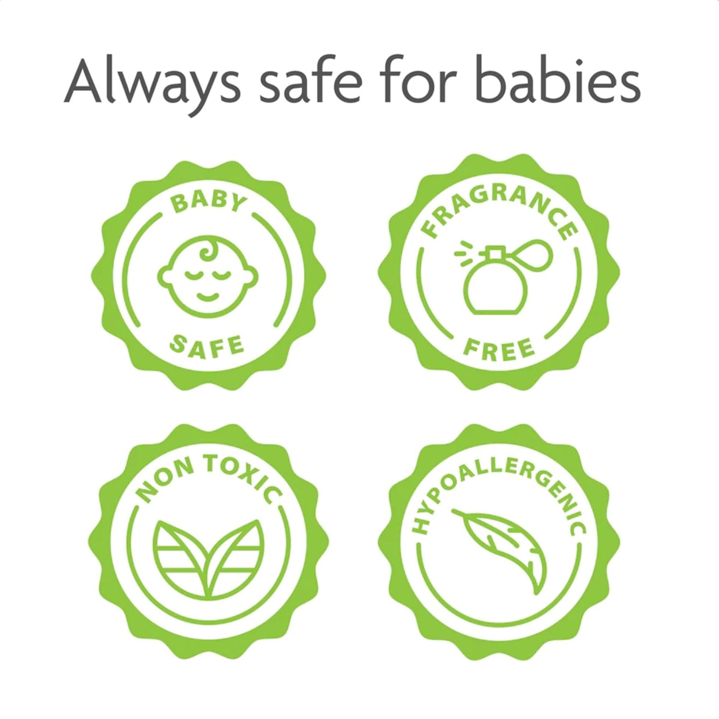 Always safe for babies badges: Baby Safe, Fragrance Free, Non Toxic, Hypoallergenic.