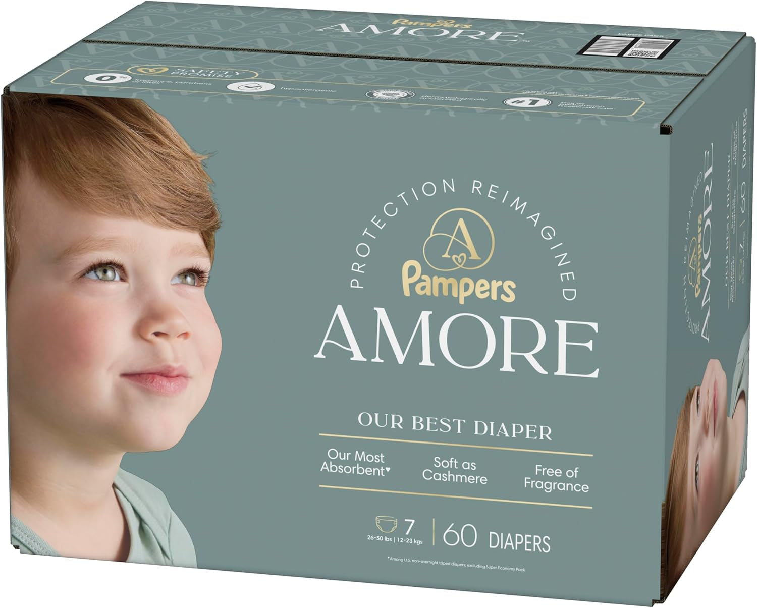 Pampers Amore, Size 7 (26-50 Lbs), 60 Count, Our Best Diaper – Hypoallergenic & Fragrance Free, up to 100% Leakproof, Soft as Cashmere