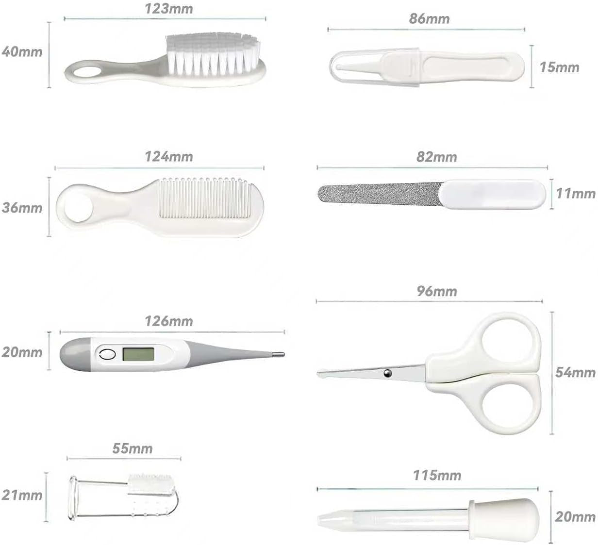 14 in 1 baby grooming kit with various tools including hair brush, comb, scissors, and thermometer.