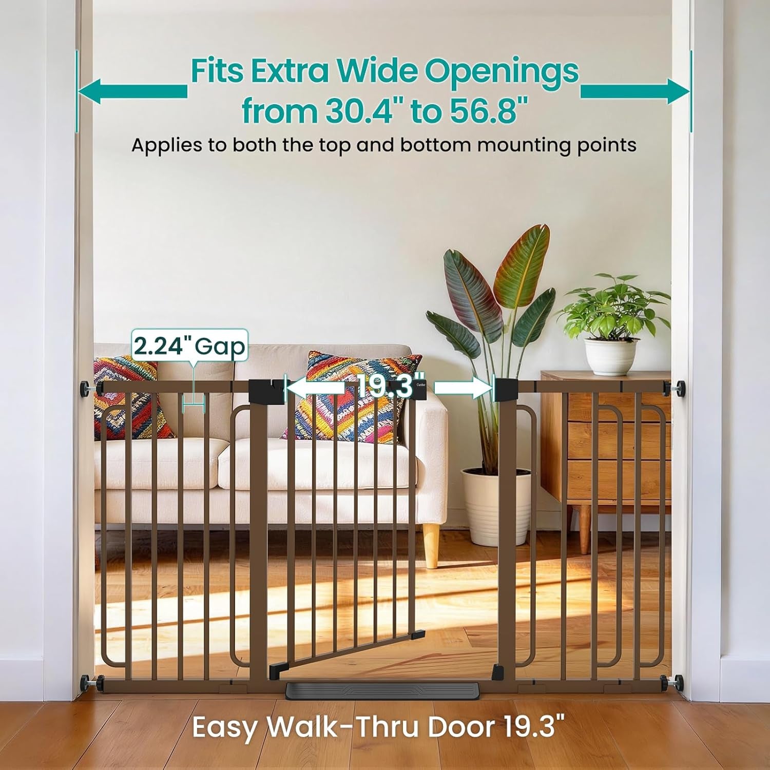 Cumbor 30.4-56.8" Extra Wide Baby Gate for Stairs, Dual Lock & Self-Closing Dog Gate Indoor, Easy Install Pet Gate for Doorways & Wide Openings, Easy Walk Thru Safety Proofing for Babies & Pets, Brown