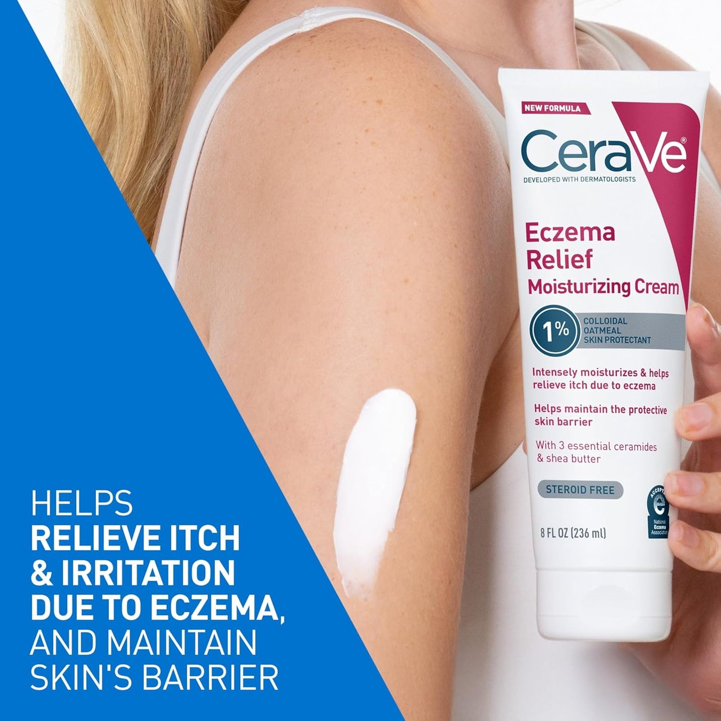 CeraVe Eczema Relief Moisturizing Cream applied on skin for eczema relief and hydration, steroid-free formula.