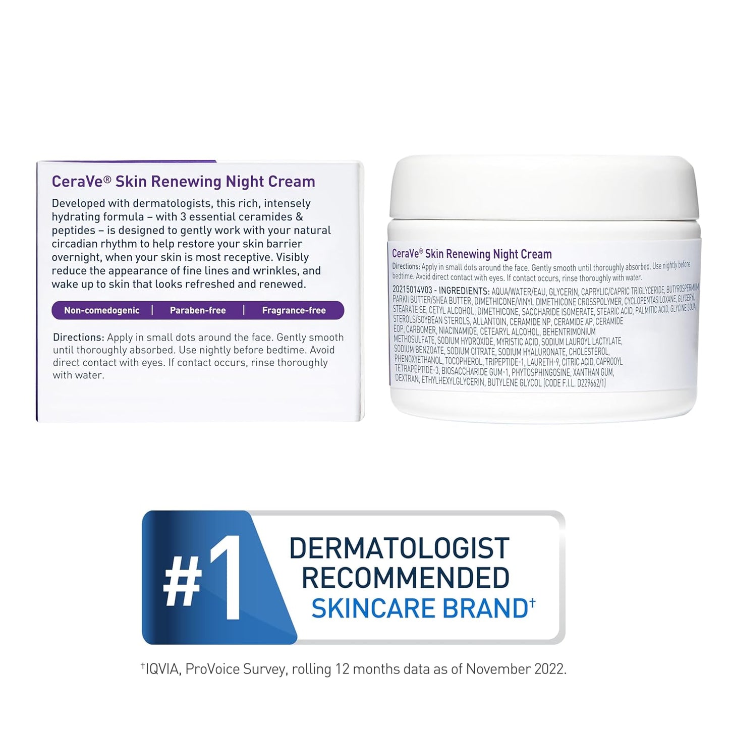 CeraVe peptide night cream moisturizer 1.7 oz jar with dermatologist recommended label, designed for overnight skin renewal.