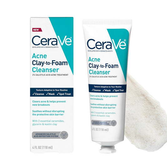 CeraVe Clay-to-Foam Acne Face Wash Salicylic Acid Clay Spot Mask 4oz, effective salicylic acid acne face wash for acne-prone skin.