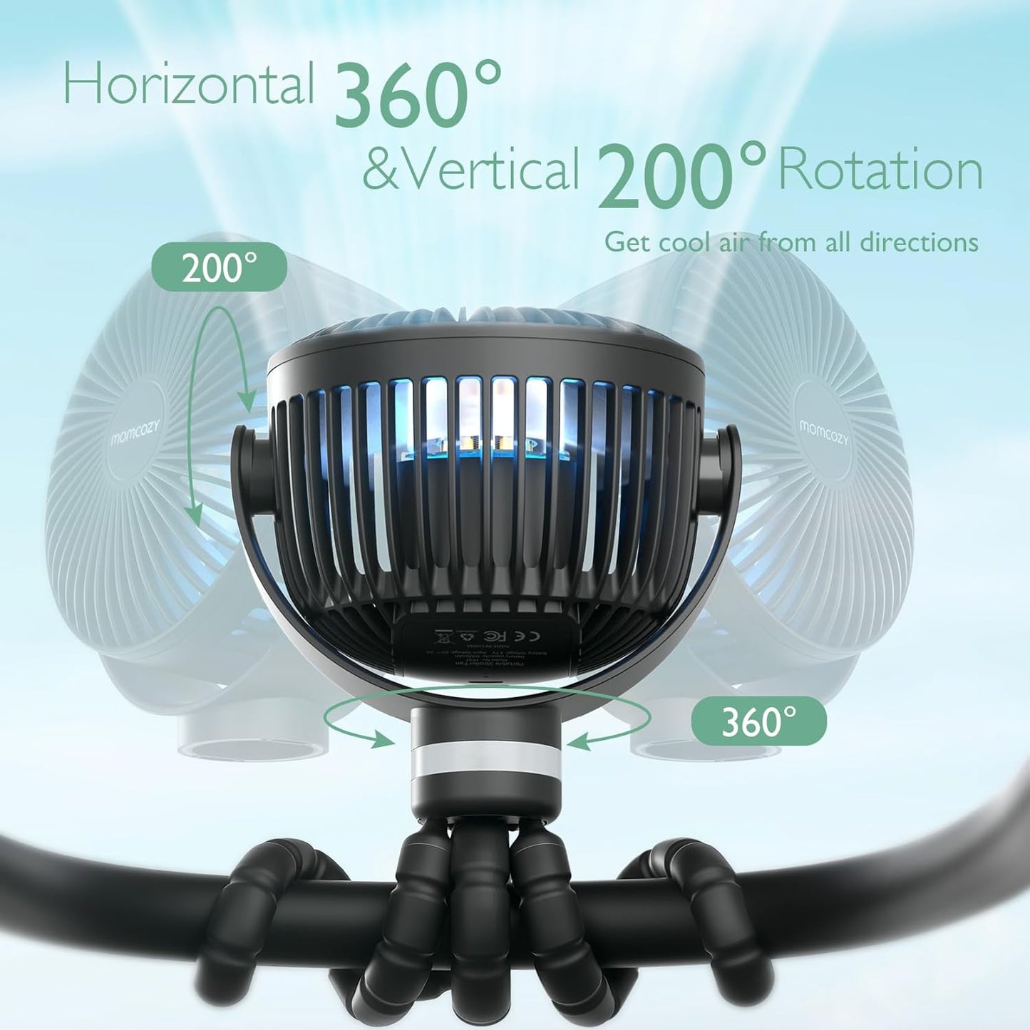 Momcozy 8000Mah Portable Stroller Fan, 27H Ultra-Long Battery Life Detachable 4 Speed 360°Rotate LED Night Light with 2 Modes, USB Rechargeable Handheld Cooling Fan for Travel/Car Seat/Bedroom