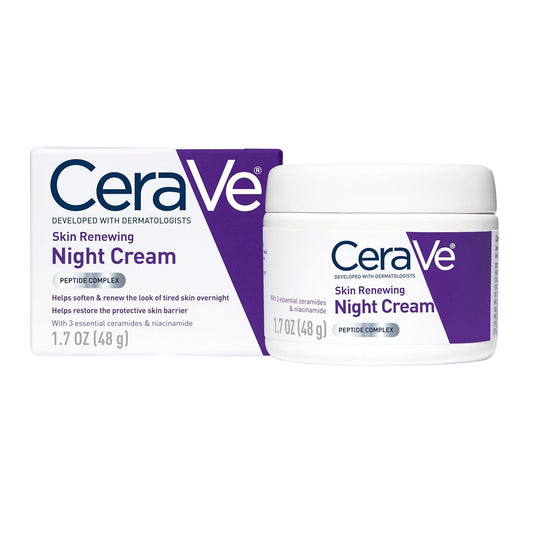 CeraVe peptide night cream moisturizer in a jar with packaging, developed with dermatologists for overnight skin renewal.