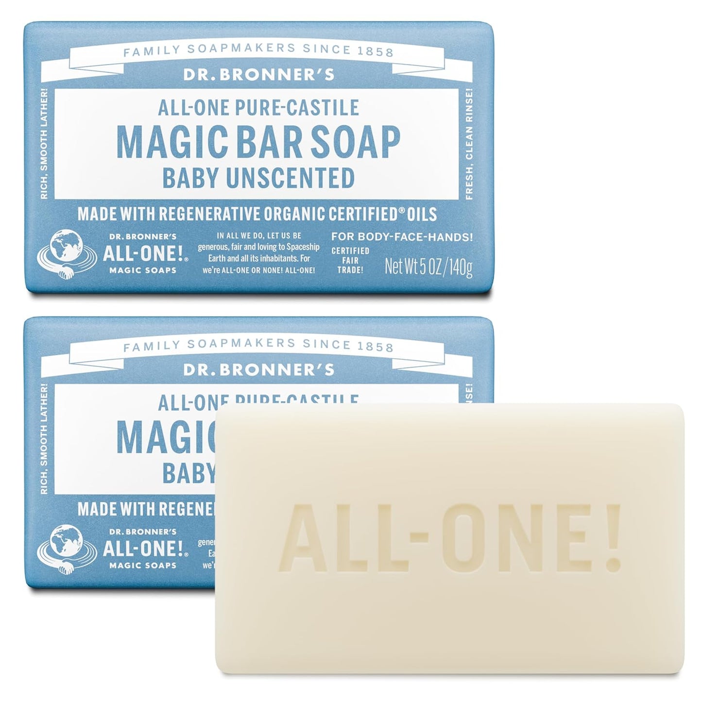 Dr. Bronner'S Pure-Castile Baby Unscented Magic Bar Soaps - Made with Regenerative Organic Certified Oils - for Face, Hand, Hair Gentle on Sensitive Skin - Soap Bars for Men & Women - 2 Pack, 5 Oz