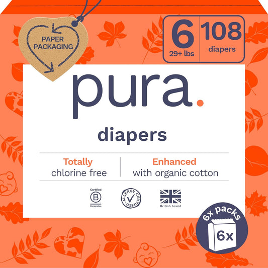 Pura Size 6 Eco-Friendly Diapers (29+ Lbs) Totally Chlorine Free (Tcf),Hypoallergenic, Soft Organic Cotton, Sustainable, up to 12 Hours Leak Protection, Allergy UK, 18 Count (Pack of 6),Total-108
