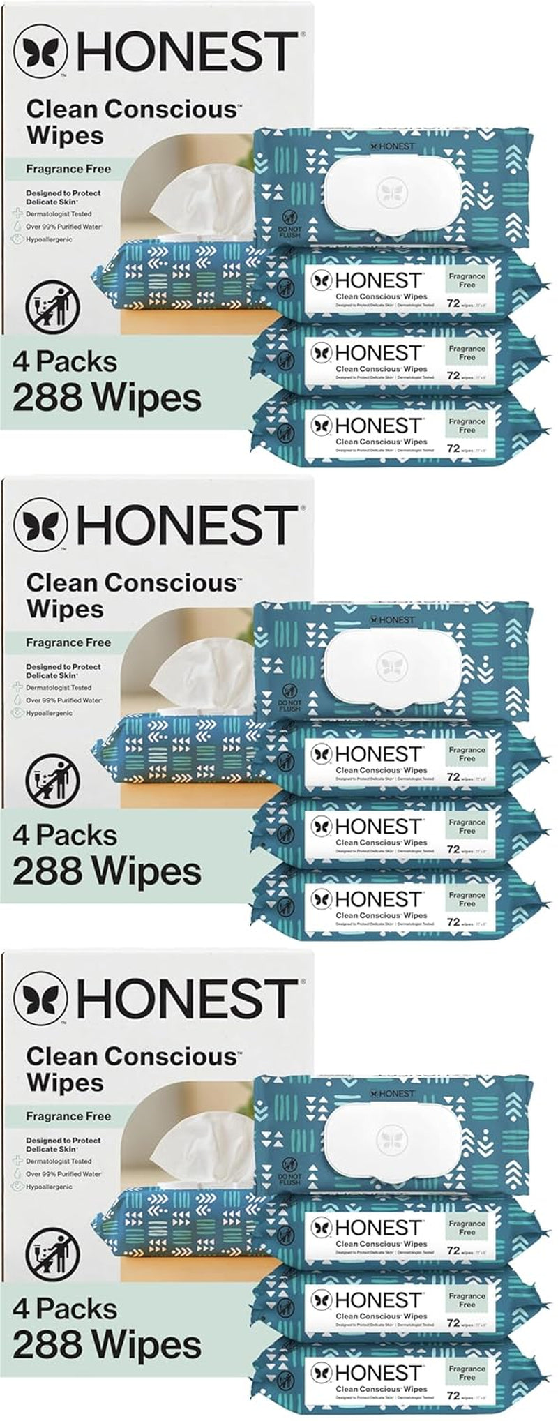 The Honest Company Hypoallergenic Multi-Use Baby Wipes for Sensitive Baby Skin, Balance Blues, 288 Count (Pack of 3)