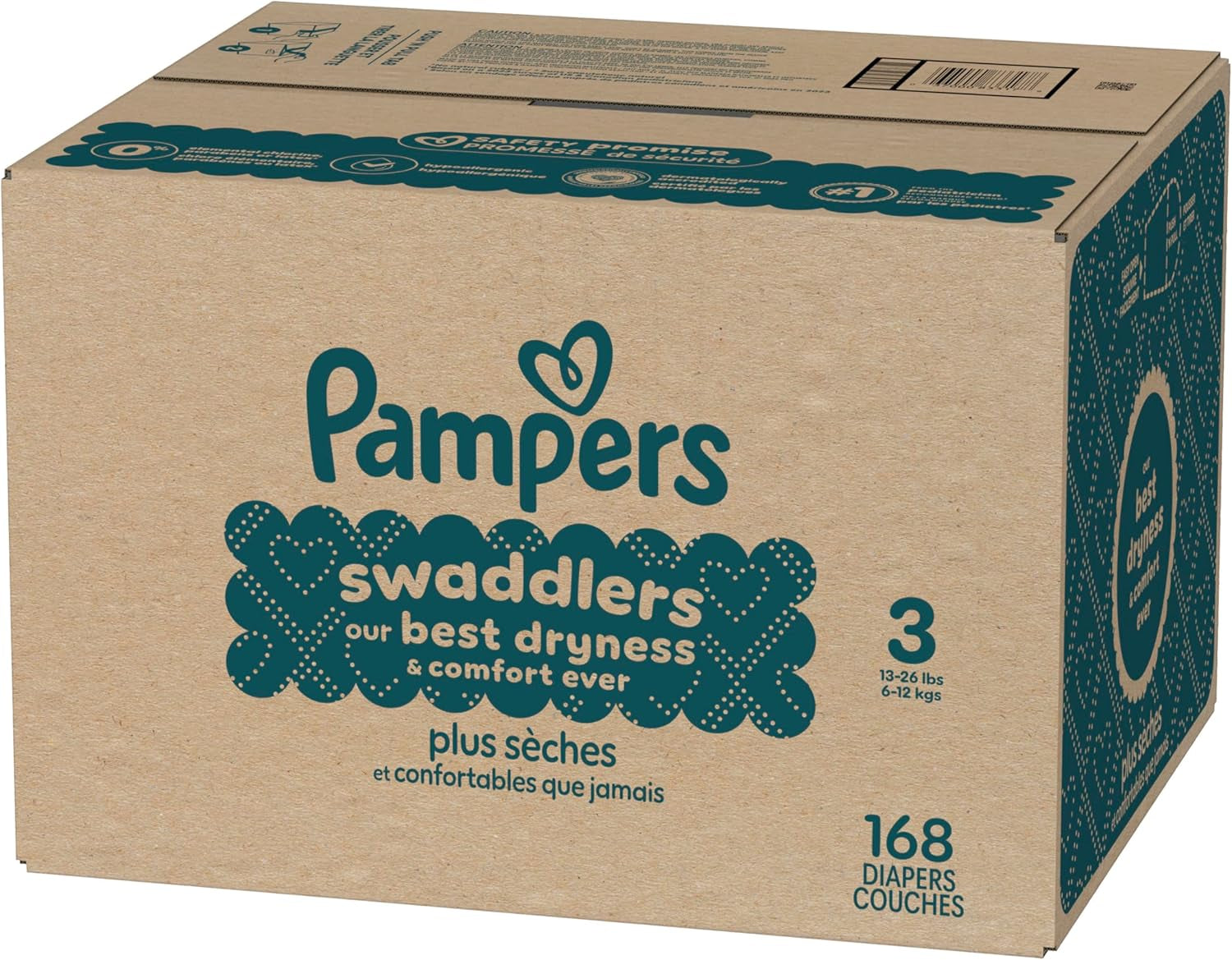 Pampers Swaddlers Diapers, Size 3 (13-26 Lbs), 168 Count, Absorbent, Keeps Baby Dry and Comfortable, Skin Safe Disposable Baby Diaper