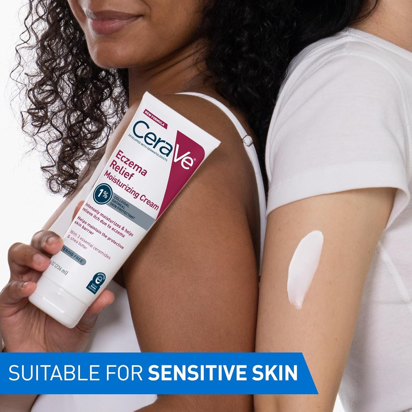CeraVe Eczema Relief Moisturizing Cream being applied on sensitive skin for effective hydration.
