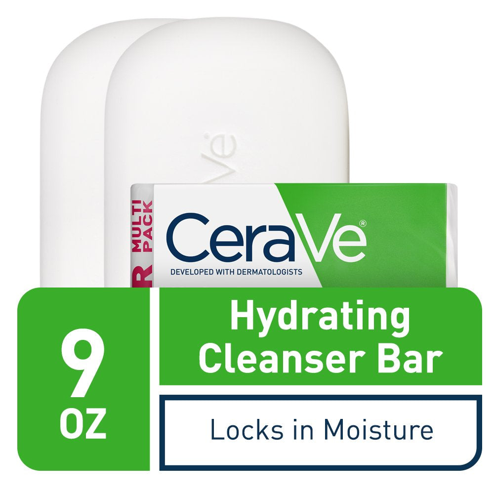 CeraVe hydrating cleanser bar soap packaging highlighting 9 oz size and moisture-locking features.