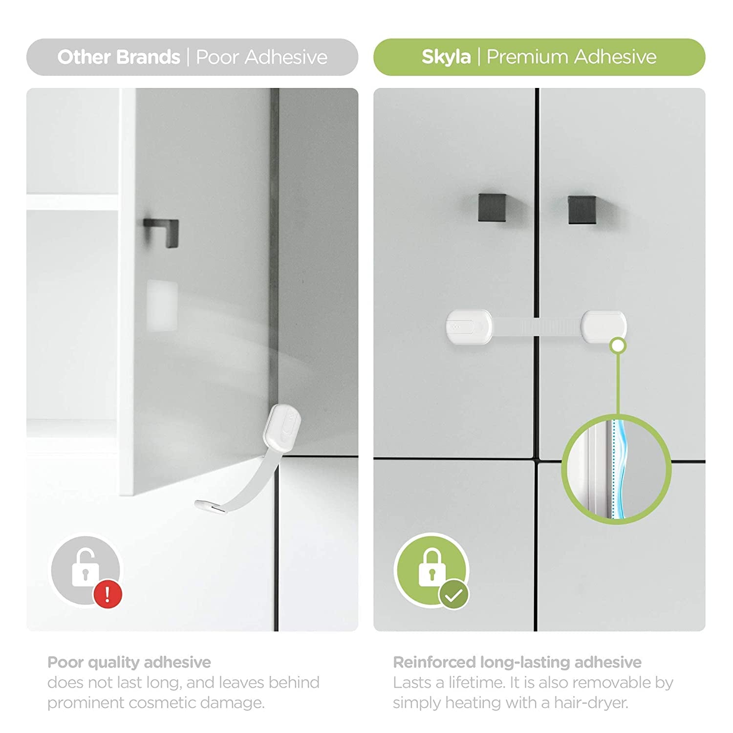 Baby Proofing Child Safety Locks (8 Pack) by Skyla Homes - the Safest, Quickest and Easiest 3M Adhesive Cabinet Latches, No Screws & Magnets, Multi-Purpose for Furniture, Kitchen, Ovens, Toilet Seats