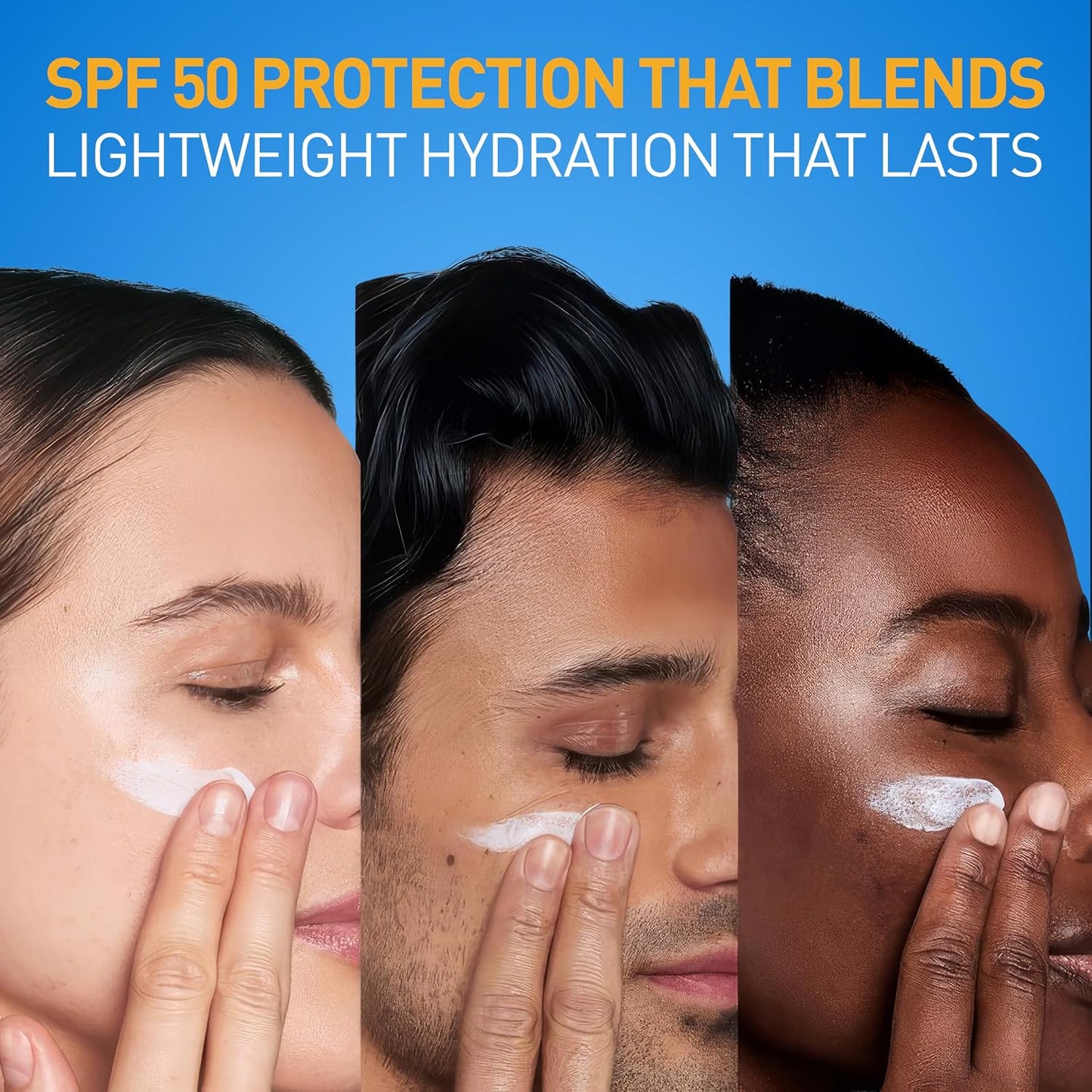 CeraVe AM moisturizing sunscreen applied on three diverse individuals showing hydration and SPF 50 protection.