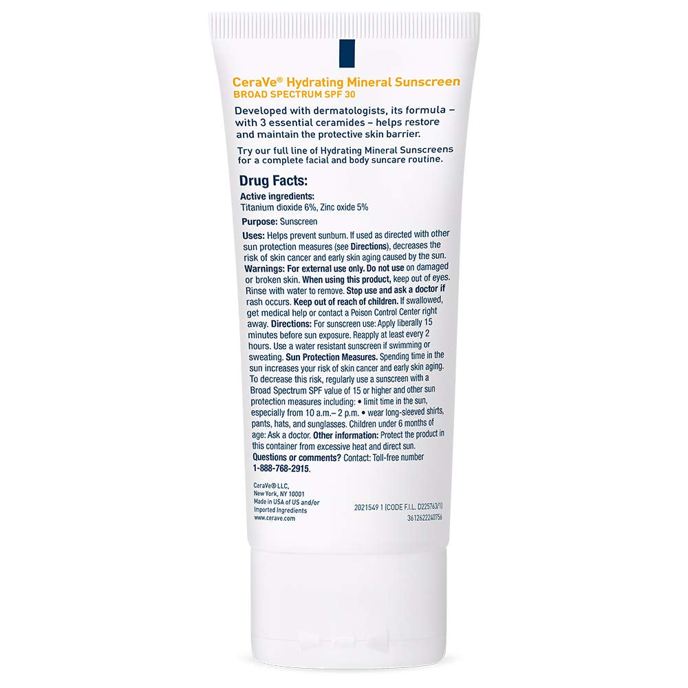 CeraVe 100% Mineral Sunscreen Face SPF 30 Niacinamide Travel Size 2.5 oz