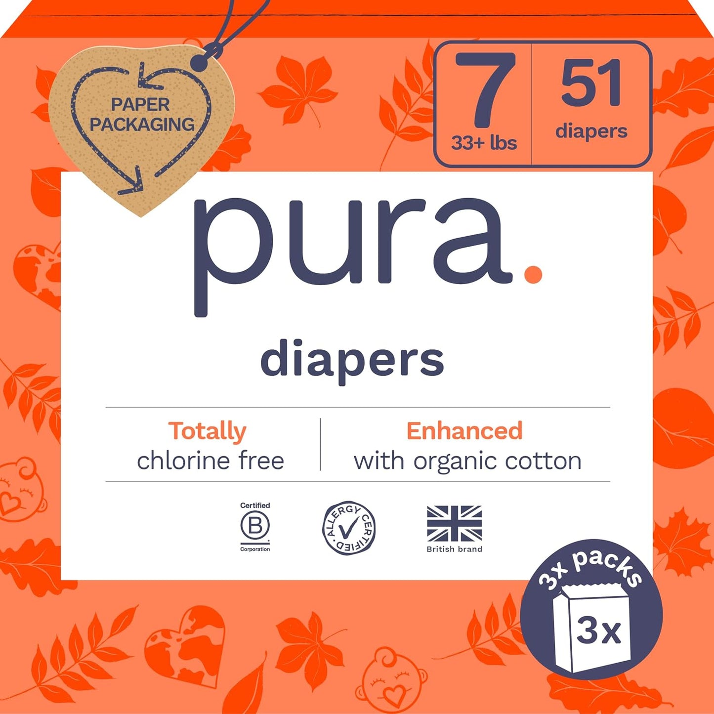 Pura Size 7 Eco-Friendly Diapers (33+Lbs) Totally Chlorine Free (TCF) Hypoallergenic, Soft Organic Cotton, Sustainable, up to 12 Hours Leak Protection, Allergy UK, 3 Packs of 17 (51 Diapers)