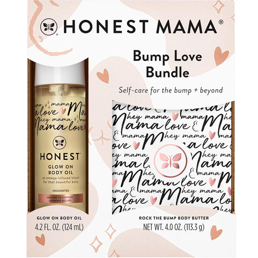 The Honest Company Mama Body and Belly Bump Love Bundle for mama belly bump care bundle, featuring Glow On Body Oil and Rock the Bump Body Butter.