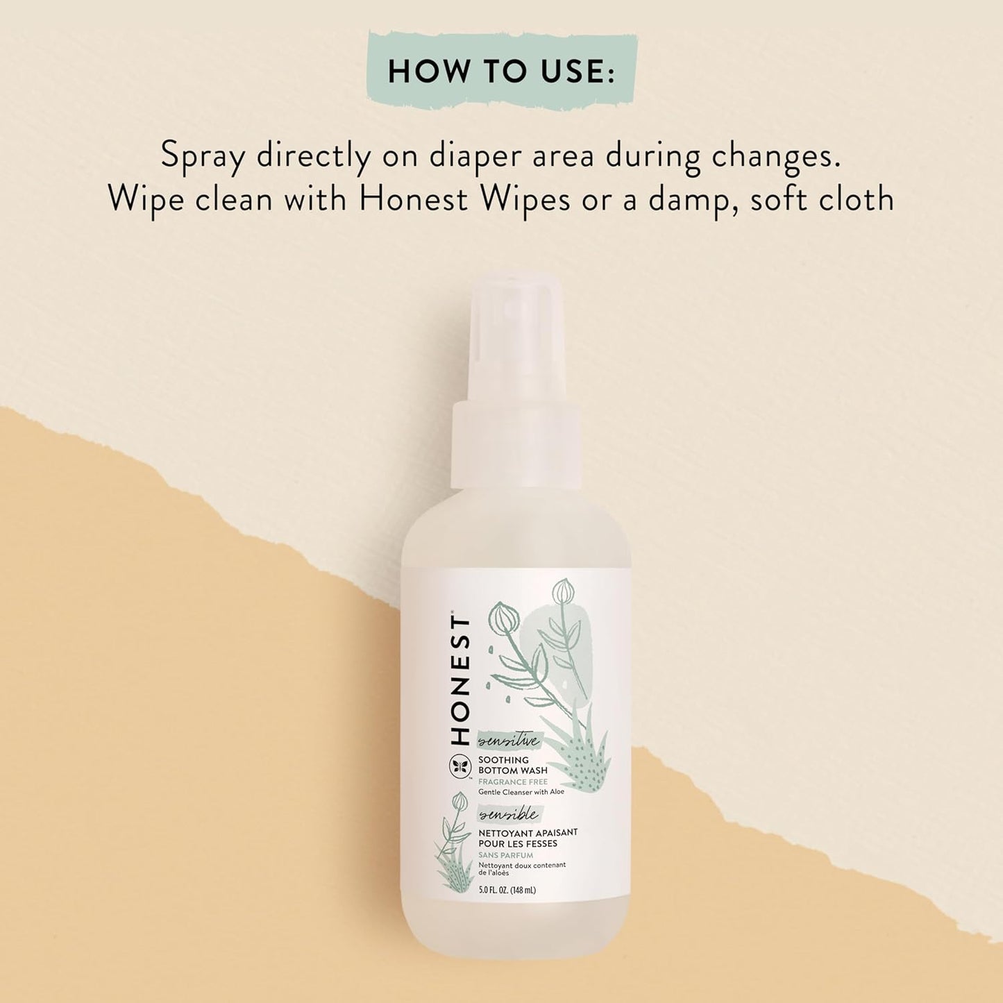 The Honest Company Soothing Baby Bottom Wash, Gently Cleanses and Refreshes, Naturally Derived Non-Irritating Made with Aloe, 5 Fl Oz