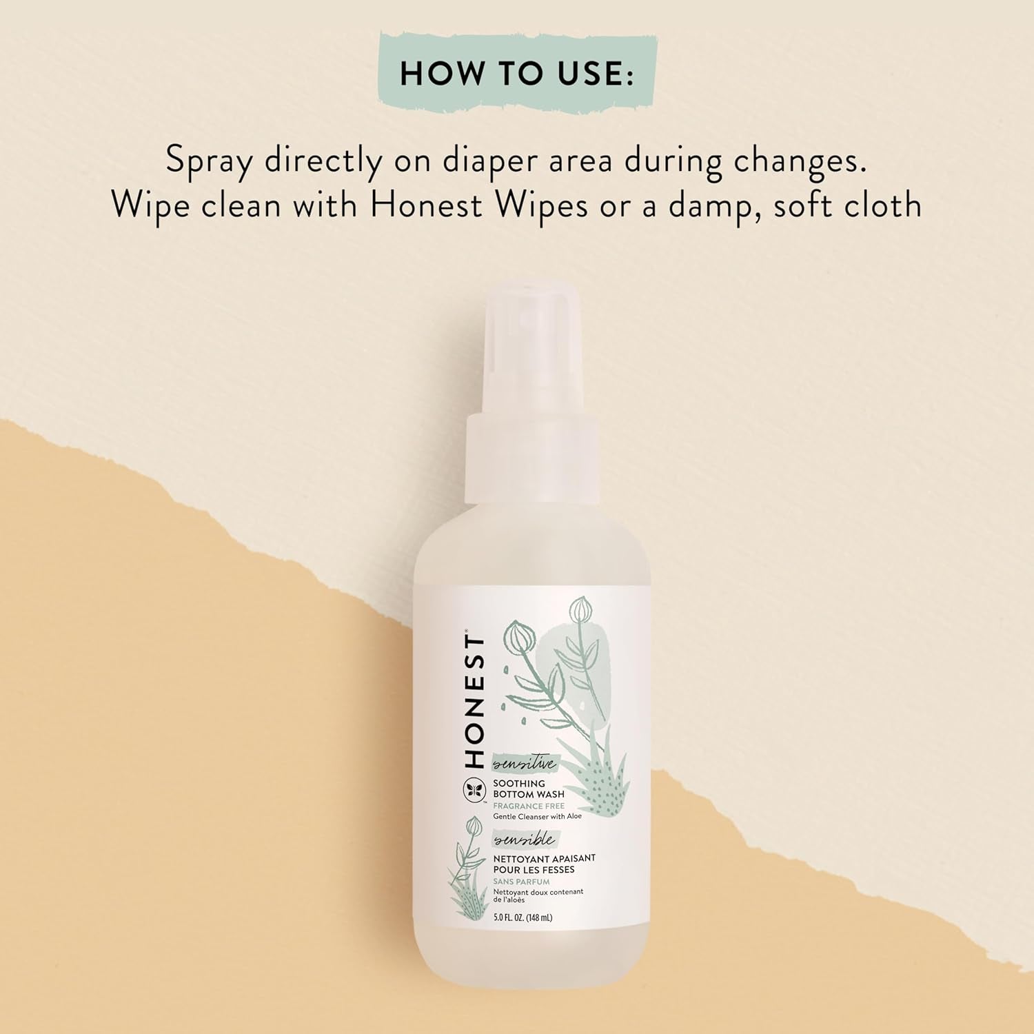 The Honest Company Soothing Baby Bottom Wash, Gently Cleanses and Refreshes, Naturally Derived Non-Irritating Made with Aloe, 5 Fl Oz