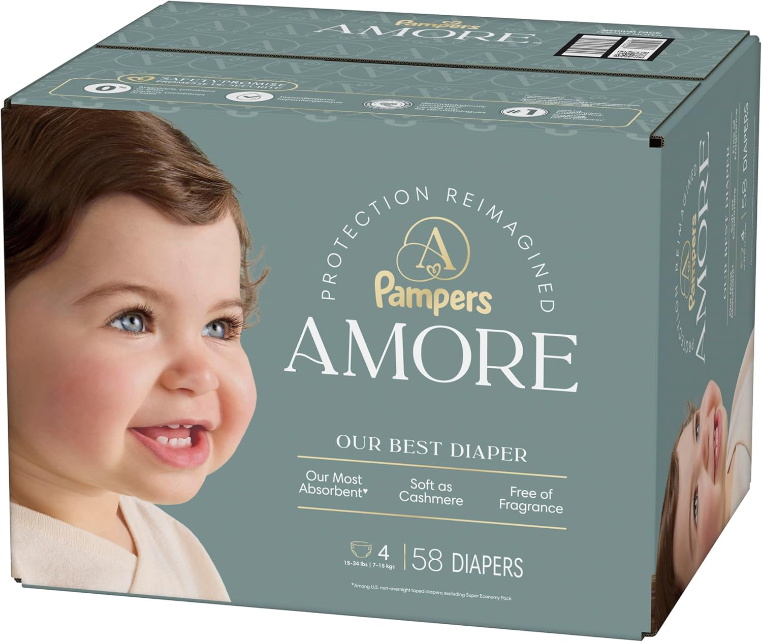 Pampers Amore, Size 4 (15-34 Lbs), 58 Count, Our Best Diaper – Hypoallergenic & Fragrance Free, up to 100% Leakproof, Soft as Cashmere