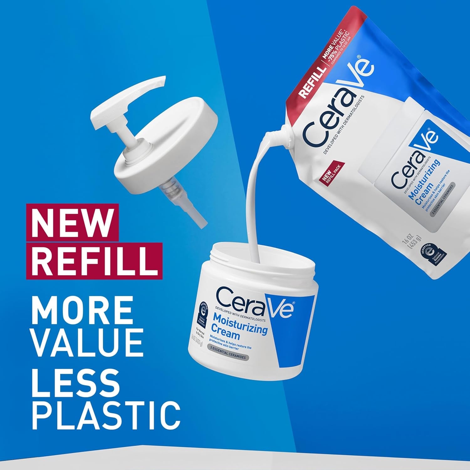 CeraVe moisturizing cream refill pouch pouring into container, promoting hydration and eco-friendliness.