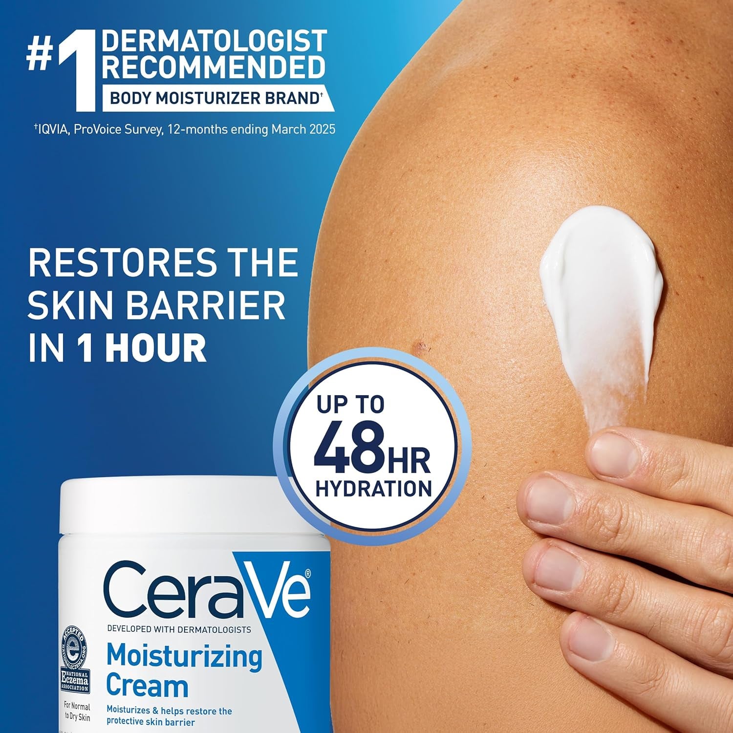 CeraVe fragrance free moisturizing cream applied to skin, promoting 48-hour hydration and restoring the skin barrier.
