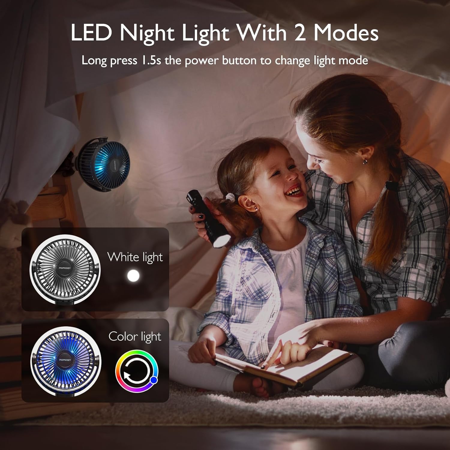 Momcozy 8000Mah Portable Stroller Fan, 27H Ultra-Long Battery Life Detachable 4 Speed 360°Rotate LED Night Light with 2 Modes, USB Rechargeable Handheld Cooling Fan for Travel/Car Seat/Bedroom