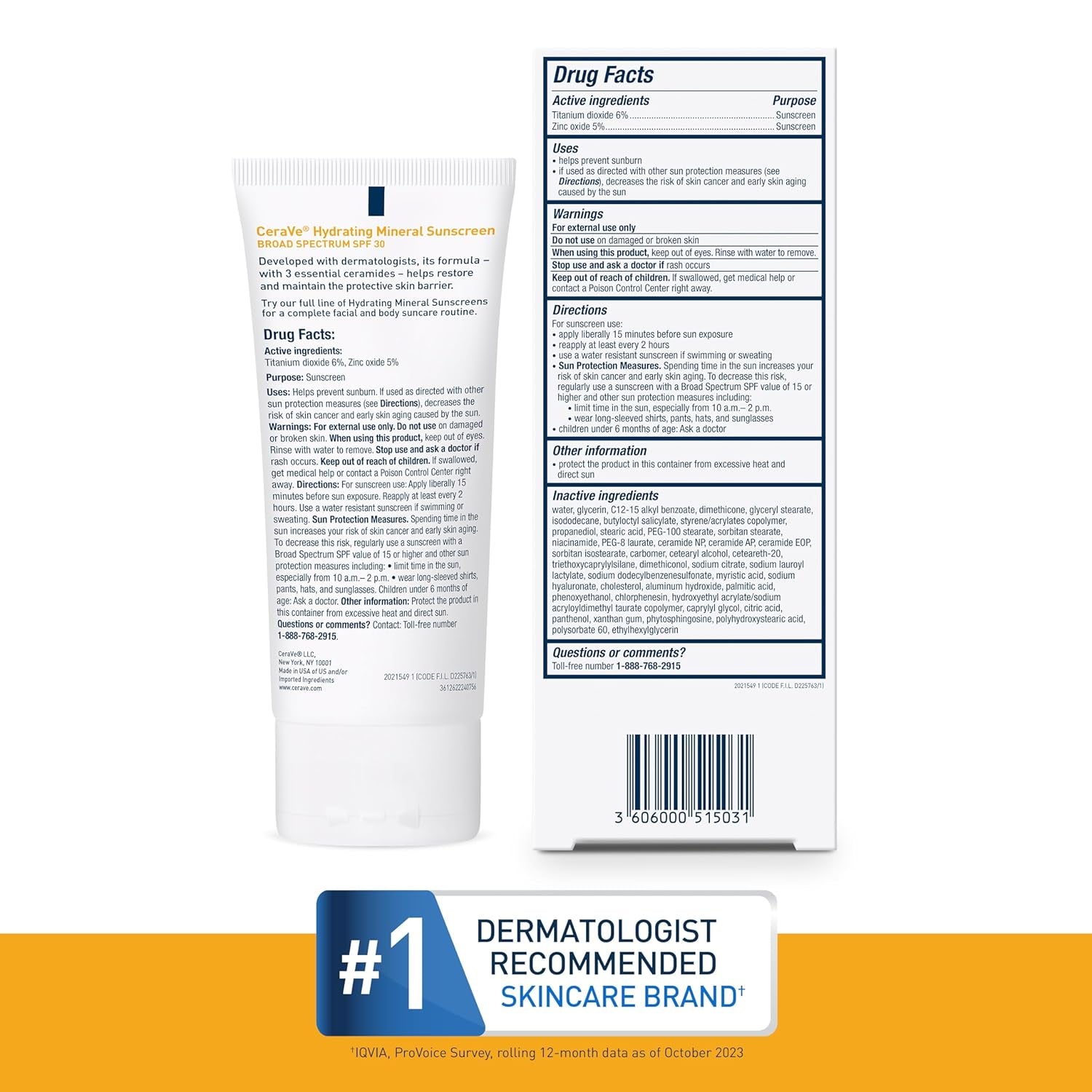 CeraVe 100% Mineral Sunscreen Face SPF 30 Niacinamide Travel Size 2.5 oz