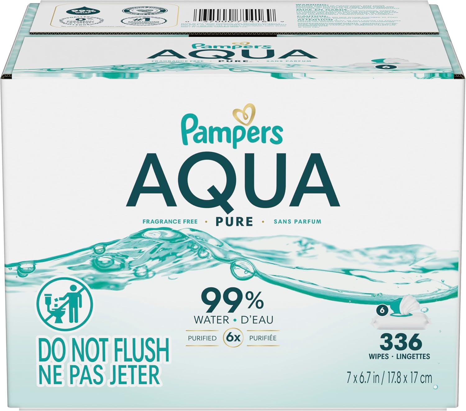 Pampers Aqua Pure Baby Wipes, 99% Water, Fragrance Free, Unscented, Water Based, Multi-Use, 336 Wipes Total (6X Flip-Top Packs) [Packaging May Vary]
