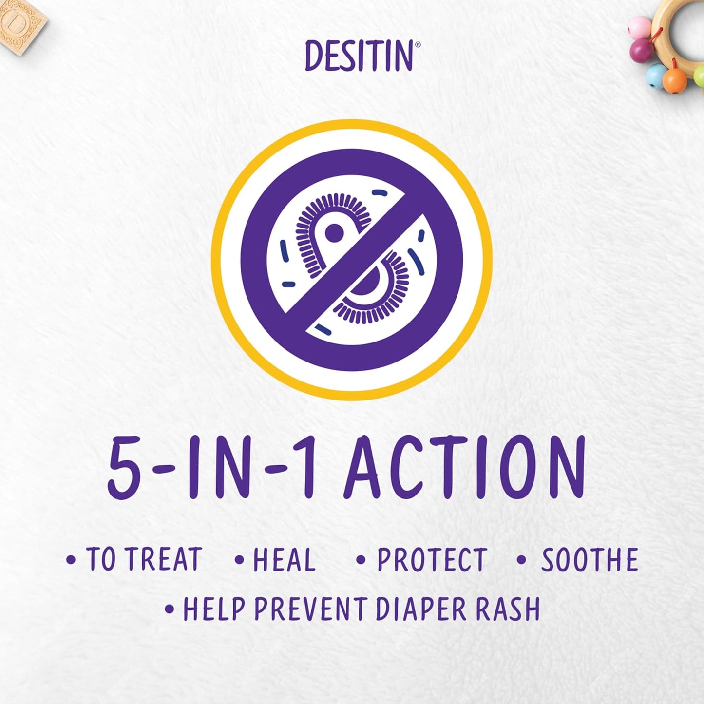 5-in-1 action graphic highlighting Desitin Maximum Strength Diaper Rash Cream benefits to treat, heal, protect, soothe, and prevent.