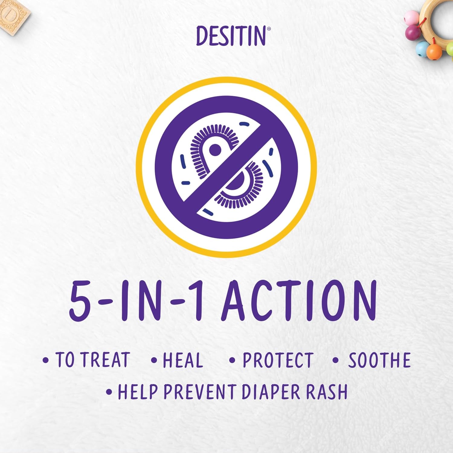 5-in-1 action graphic highlighting Desitin Maximum Strength Diaper Rash Cream benefits to treat, heal, protect, soothe, and prevent.