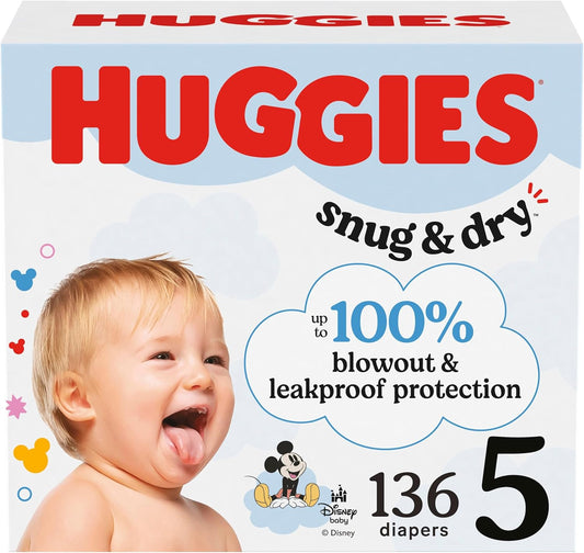 Huggies Size 5 Diapers, Snug & Dry Baby Diapers, Size 5 (27+ Lbs), 136 Count, Packaging May Vary