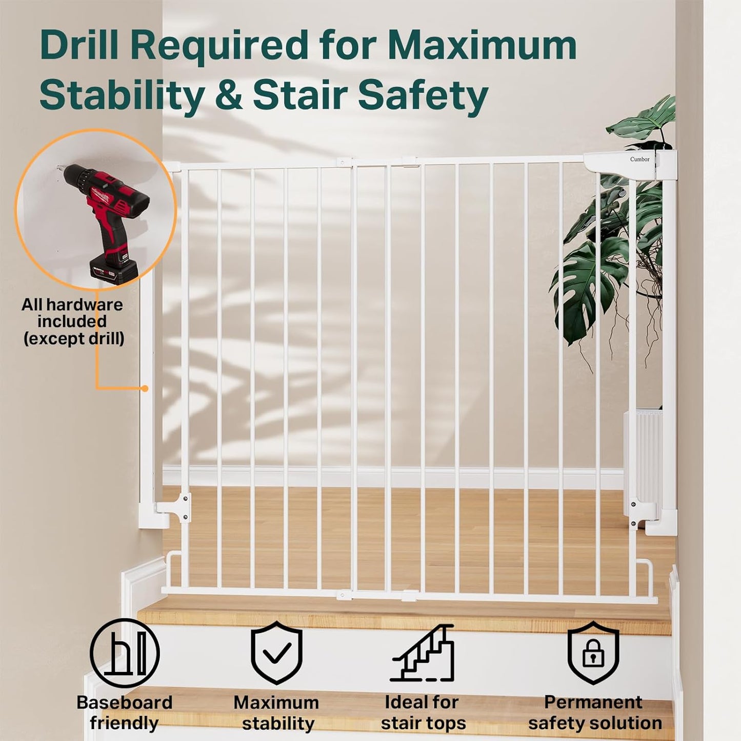 Cumbor 34" Extra Tall No Bottom Bar Baby Gate for Stairs, Hardware Mounted Dog Gate Indoor for Larger Pets, Expandable 29.2-43" Safety Gate for Doorways, Wide Walk Thru Door for Easy Access (White)