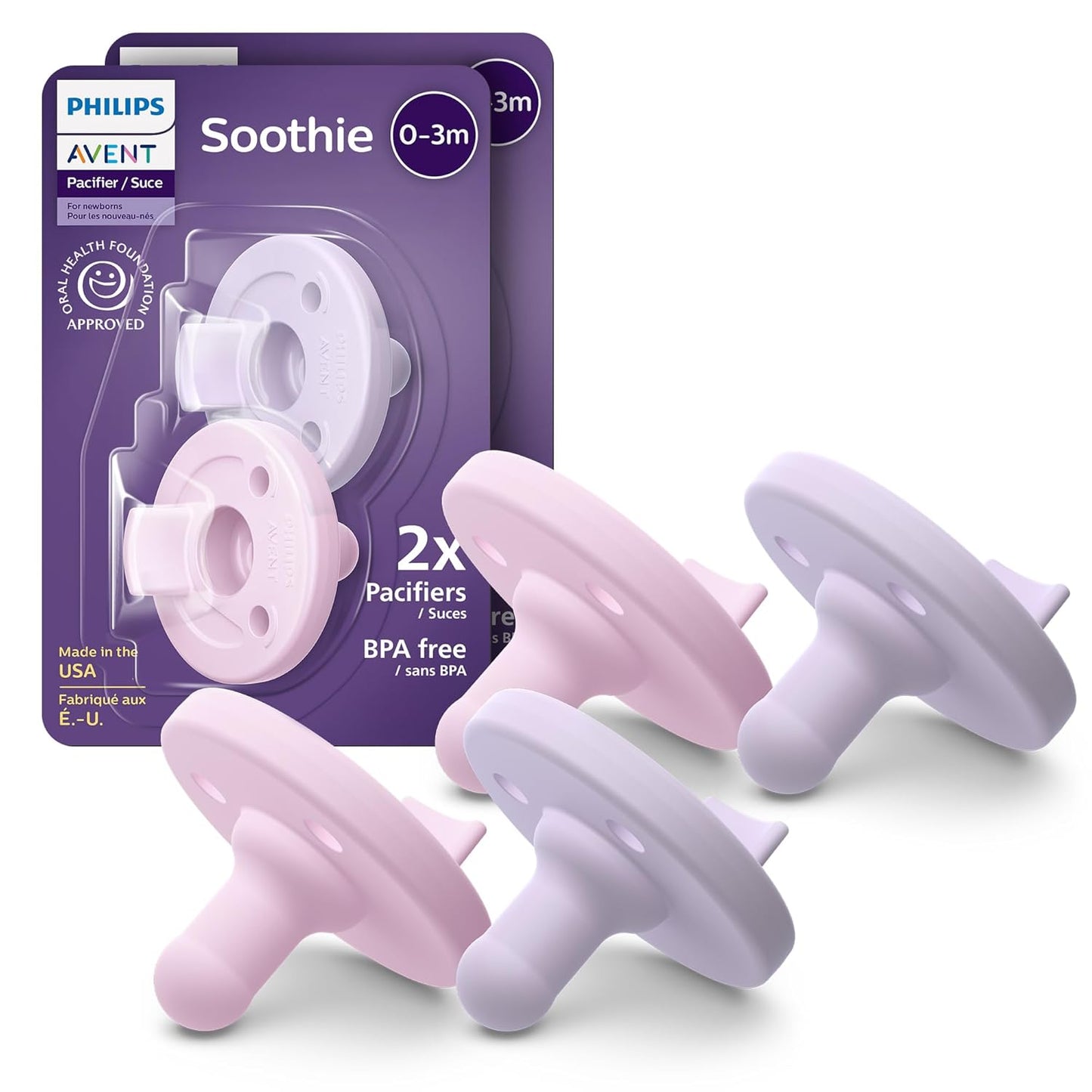 Philips Avent Soothie Baby Pacifiers - 100% Silicone Pacifiers for Babies 0-3 Months, One-Piece Design, Bpa-Free, Extra Durable, Lilac and Pink, 4 Pack, Model SCF190/70