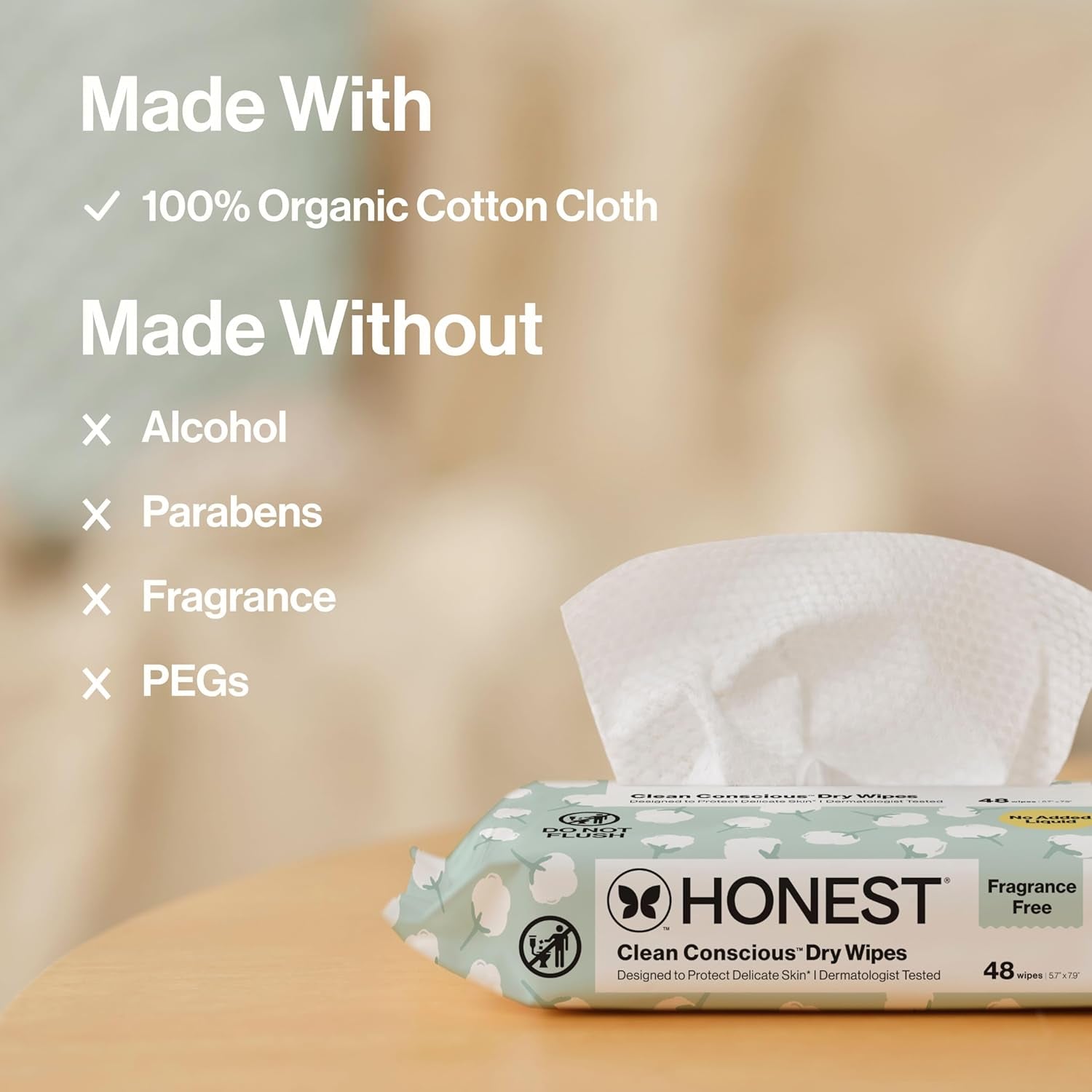 The Honest Company 100% Pure Organic Cotton Dry Wipes, Hypoallergenic, Multi-Use, Baby Facial Cloths, 192 Count