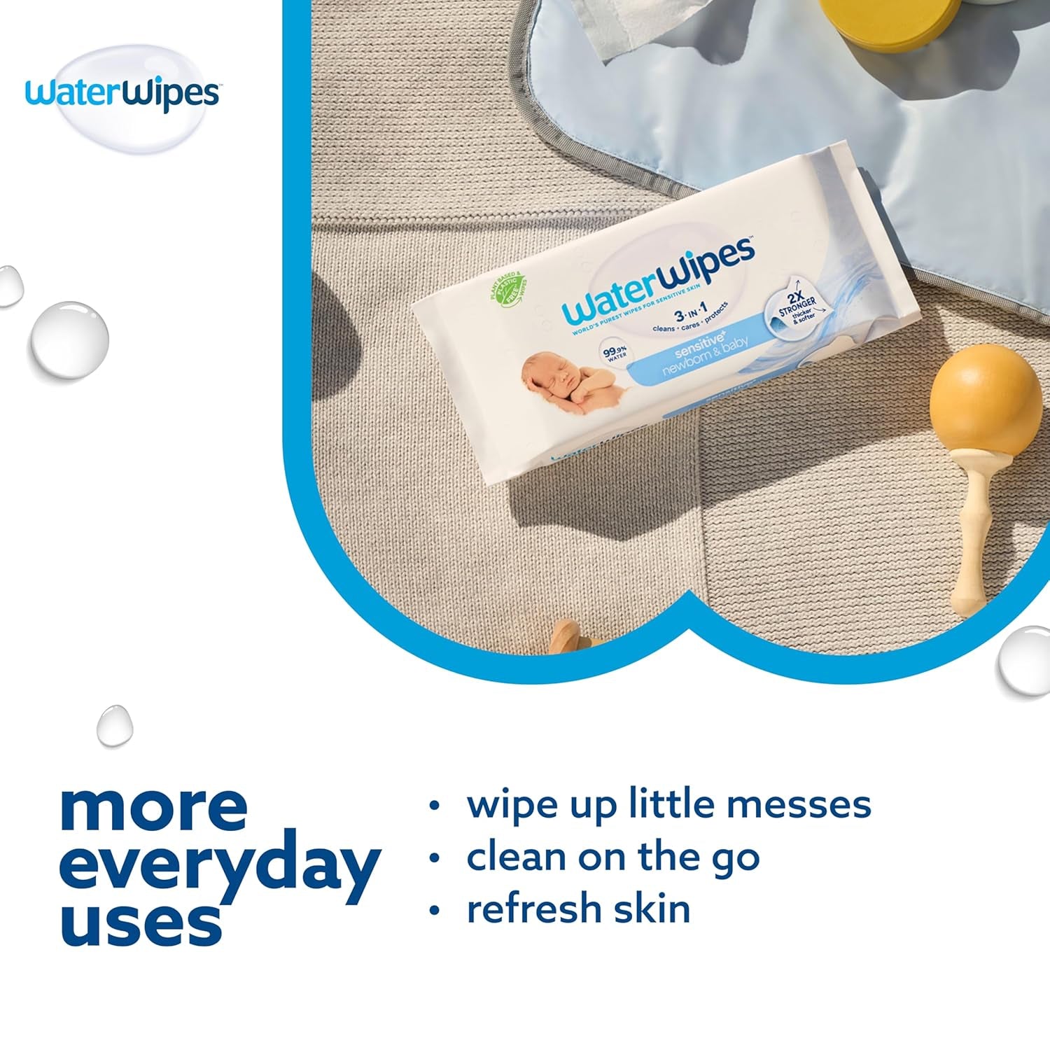 Waterwipes Sensitive+ Newborn & Baby Wipes, 3-In-1 Cleans, Cares, Protects, 99.9% Water, Unscented & Hypoallergenic, 180 Count (3 Packs)
