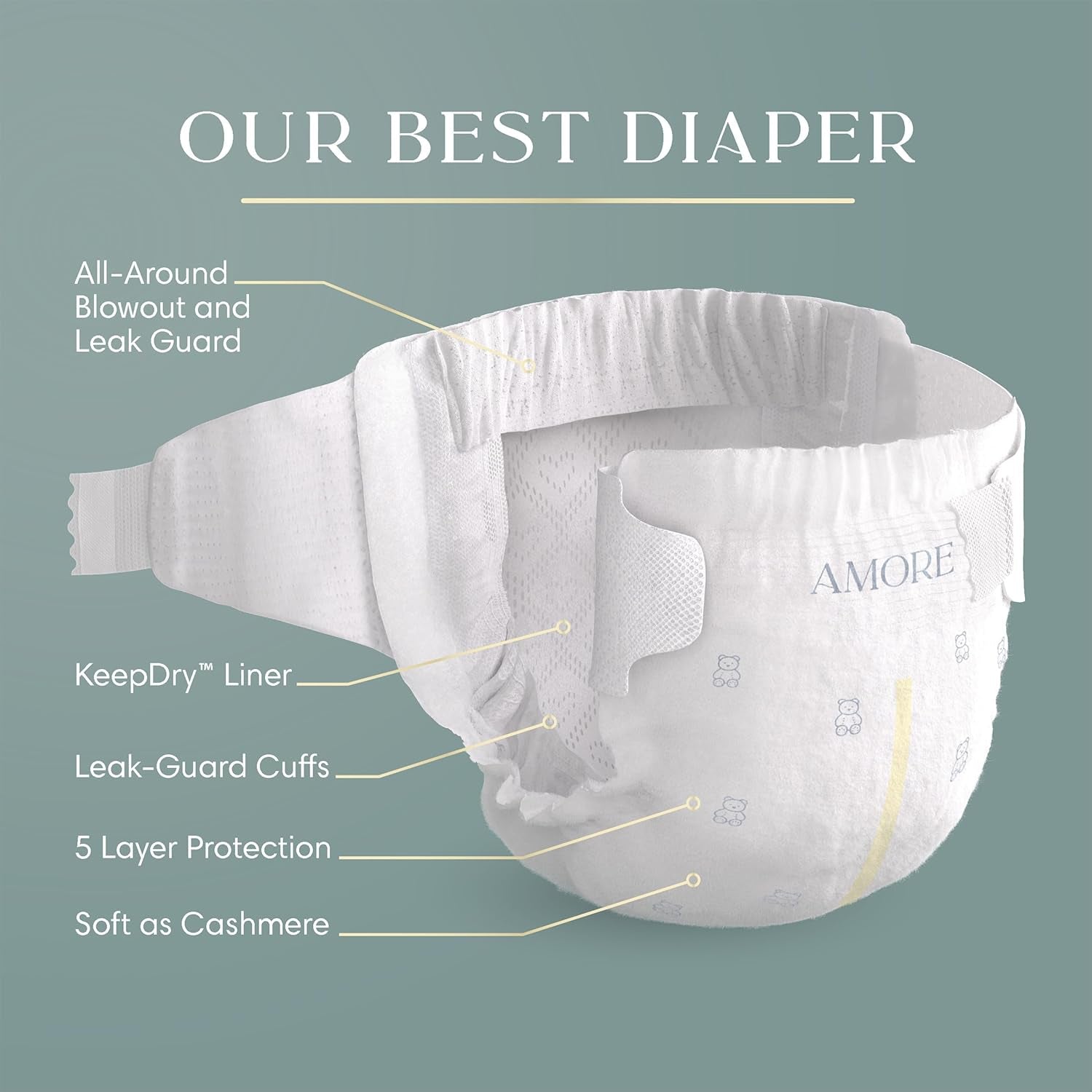 Pampers Amore, Size 7 (26-50 Lbs), 60 Count, Our Best Diaper – Hypoallergenic & Fragrance Free, up to 100% Leakproof, Soft as Cashmere