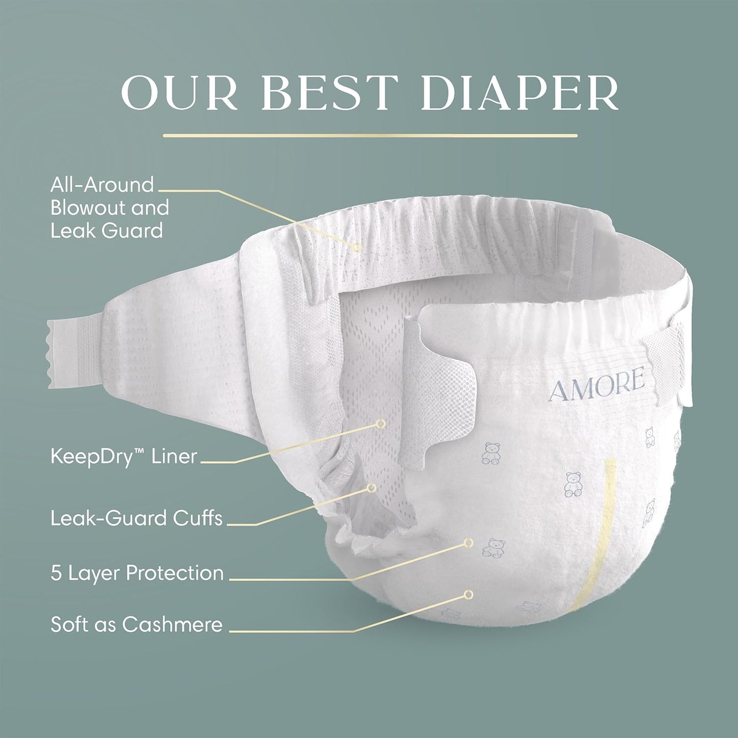 Pampers Amore, Size 0 (Up to 10 Lbs), 128 Count, Our Best Diaper – Hypoallergenic & Fragrance Free, up to 100% Leakproof, Soft as Cashmere