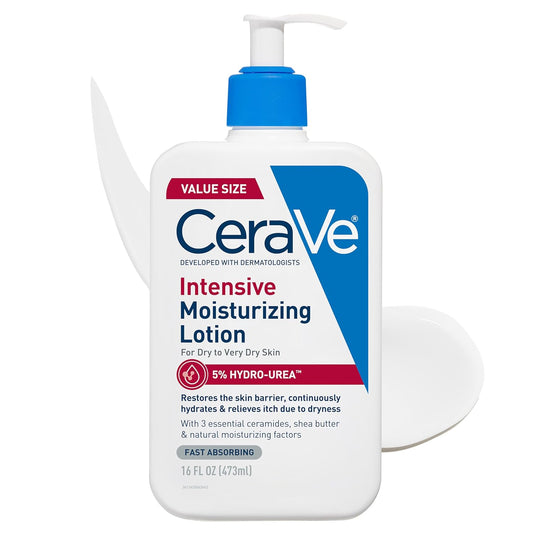 CeraVe Intensive Moisturizing Lotion for dry skin, 16oz packaging with pump, designed for deep hydration and moisture restoration.