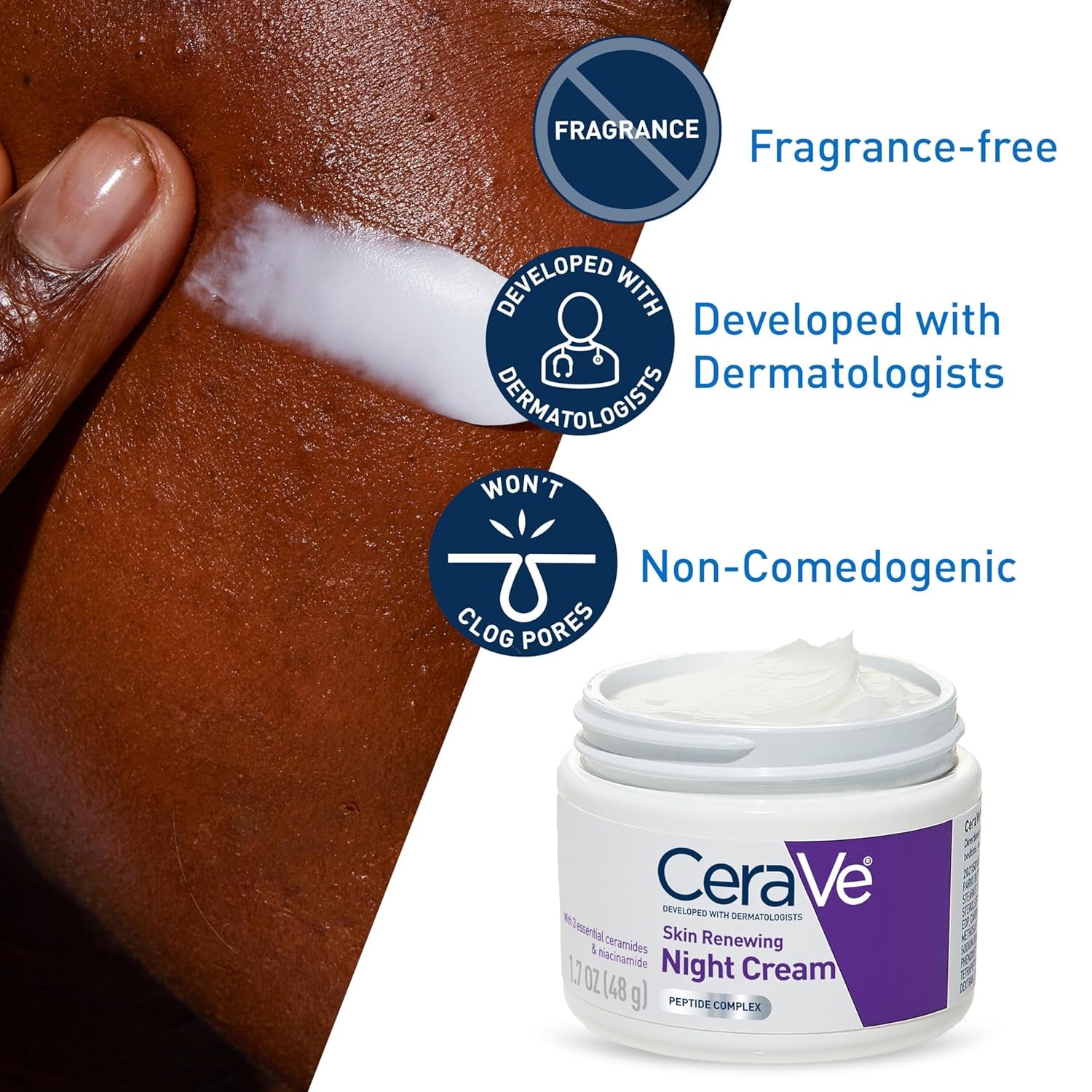 CeraVe Skin Renewing Night Cream Peptide Complex face moisturizer, fragrance-free, developed with dermatologists, non-comedogenic.
