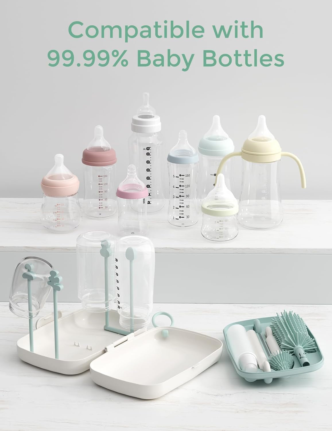 Momcozy 7-In-1 Baby Bottle Cleaner Kit with Silicone, Nipple & Straw Brushes, Soap Dispenser and Drying Rack - Portable Cleaning Tool for Home and Travel, Pink