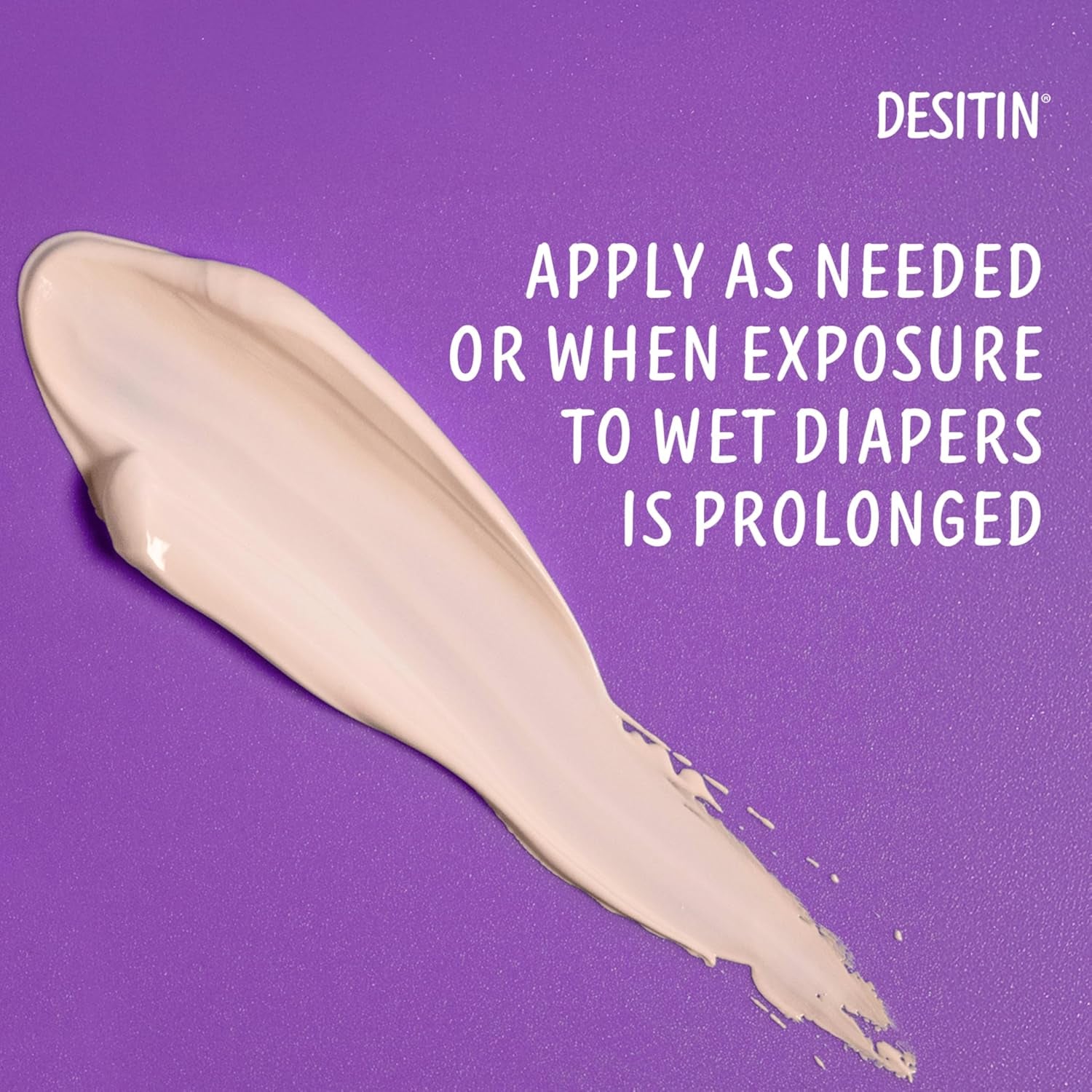 Desitin Maximum Strength Diaper Rash Cream applied on a purple background, emphasizing usage for prolonged wet diaper exposure.