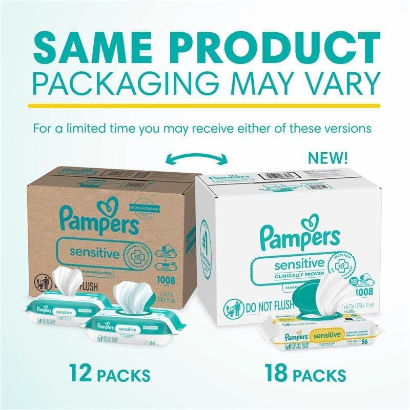 Pampers Sensitive Baby Wipes, Clinically Proven, Fragrance Free, Unscented, Water Based, Hypoallergenic, Multi-Use, Hand Wipes 504 Wipes Total (6X Flip-Top Packs) [Packaging May Vary]