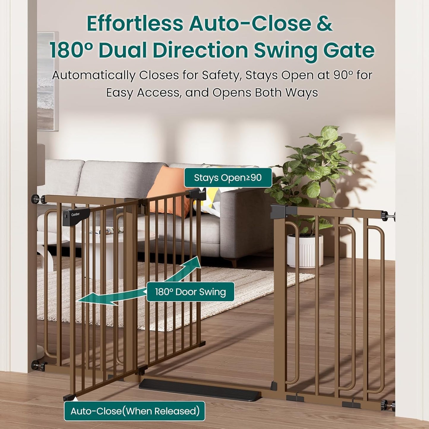 Cumbor 30.4-56.8" Extra Wide Baby Gate for Stairs, Dual Lock & Self-Closing Dog Gate Indoor, Easy Install Pet Gate for Doorways & Wide Openings, Easy Walk Thru Safety Proofing for Babies & Pets, Brown