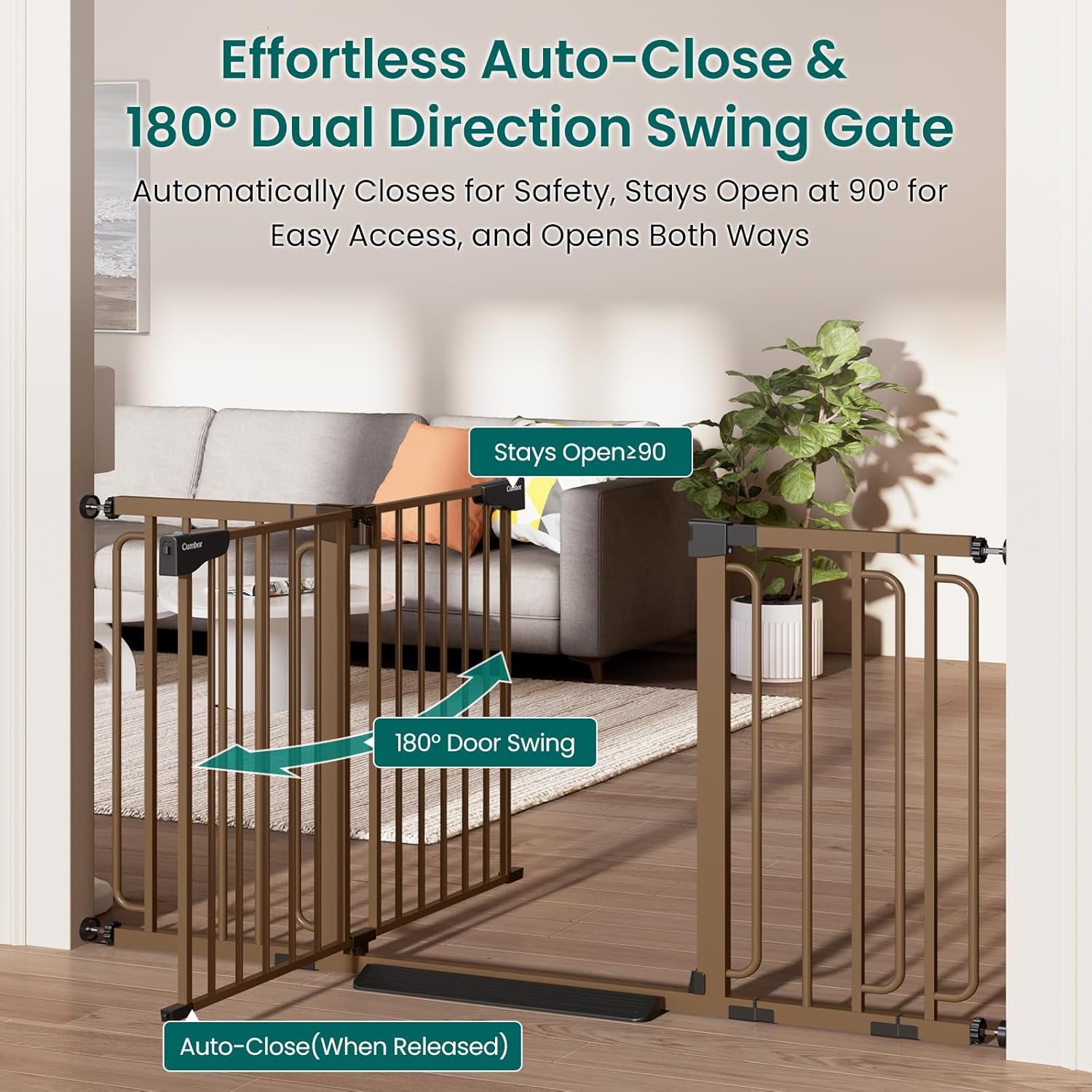 Cumbor 30.4-56.8" Extra Wide Baby Gate for Stairs, Dual Lock & Self-Closing Dog Gate Indoor, Easy Install Pet Gate for Doorways & Wide Openings, Easy Walk Thru Safety Proofing for Babies & Pets, Brown