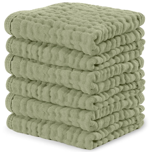 Comfy Cubs Muslin Baby Washcloths 6 Pack - Soft 6-Layer Cotton Wash Cloths for Sensitive Skin - 10"X10" Large, Gentle, Absorbent Infant Essentials for Newborn and Toddlers - Sage